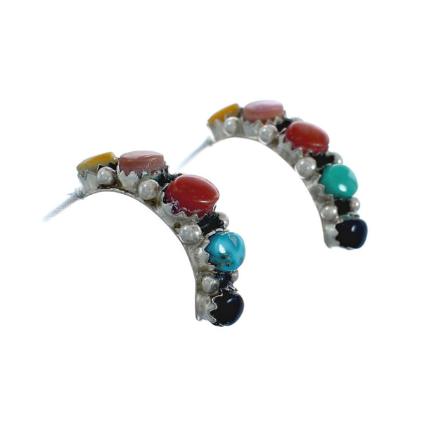 Multicolor Genuine Sterling Silver Post Hoop Zuni Earrings X10042